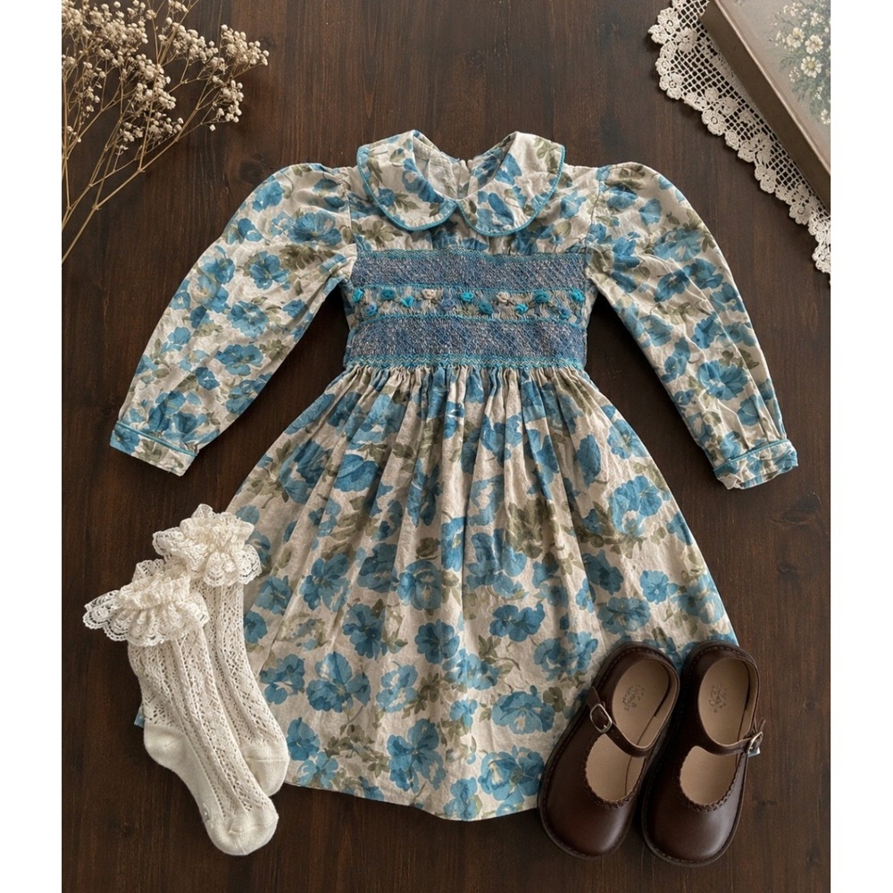 Vintage Smocked Floral‎ Dress Kids Size 10 Blue Cottagecore Prairie Shabby Chic